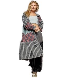 POL Striped Floral Patch Balloon Sleeve Jacket